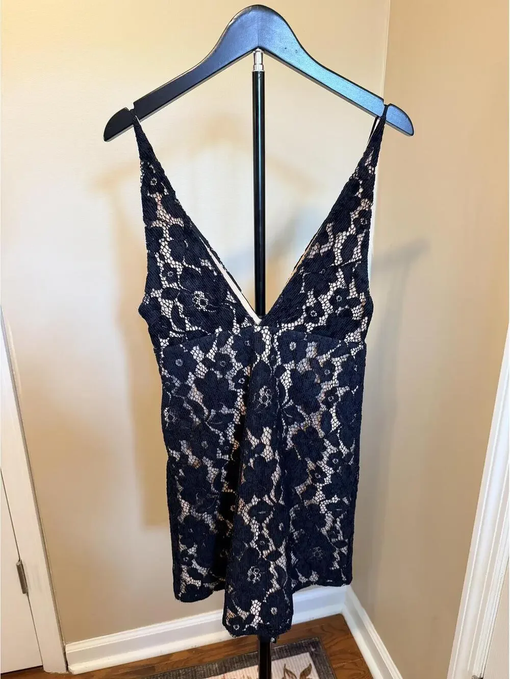 Free People Black Lace Slip Dress Size 0 Deep V Mini Dress Boho Festival